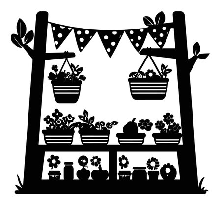 A charming black silhouette illustration featuring a garden shelf adorned with potted plants and flowers, perfect for home decor and nature-themed designs.のイラスト素材