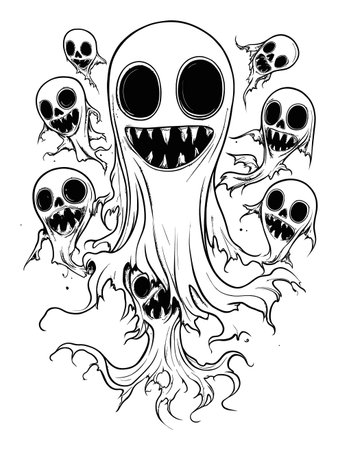 This vector art features playful ghost characters with oversized eyes and toothy grins. Perfect for Halloween-themed designs or whimsical decor.のイラスト素材