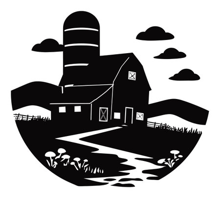 A striking black silhouette illustration of a barn and farm scene, featuring clouds and a winding path. Perfect for rural-themed designs and decor.のイラスト素材