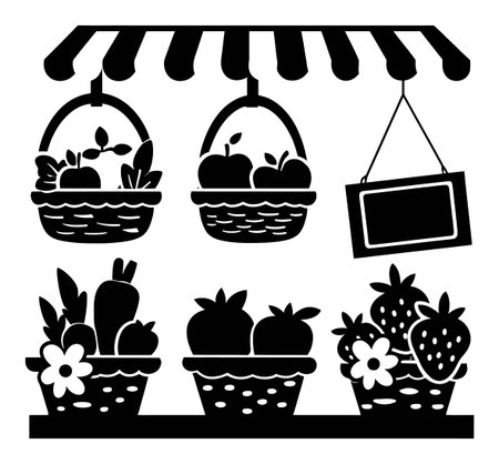 Charming black silhouette illustration of a fruit and vegetable stall showcasing various baskets filled with fresh produce, perfect for market-themed designs.のイラスト素材