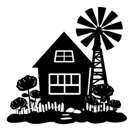 This cartoon-style silhouette features a charming house with a windmill and blooming flowers, perfect for decorative purposes, gardening themes, or rustic illustrations.のイラスト素材