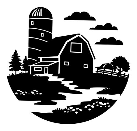 This black silhouette illustration features a farmhouse and barn set against a scenic landscape. Ideal for conveying rural charm and agricultural themes.のイラスト素材