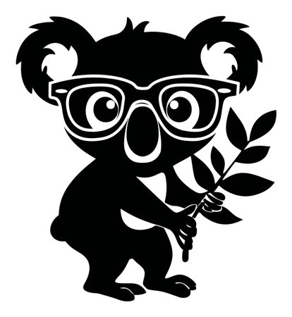 This charming cartoon silhouette features a koala wearing glasses and holding a leafy branch. Perfect for creative projects, educational materials, and fun designs.のイラスト素材
