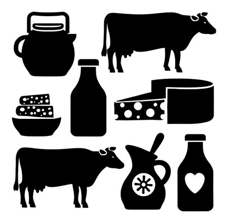 A vibrant cartoon silhouette collection showcasing dairy products and farm animals. This illustration features cows, milk, and cheese, perfect for food-related themes.のイラスト素材