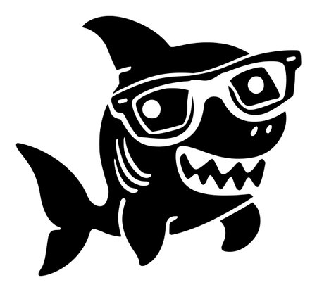 This playful cartoon shark in a bold silhouette creates a fun atmosphere with its cool glasses. Perfect for vibrant designs and youthful themes!のイラスト素材
