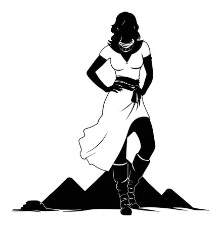 This vector illustration features a striking silhouette of a woman in traditional attire, posed confidently against a mountainous backdrop, evoking elegance and cultural beauty.のイラスト素材