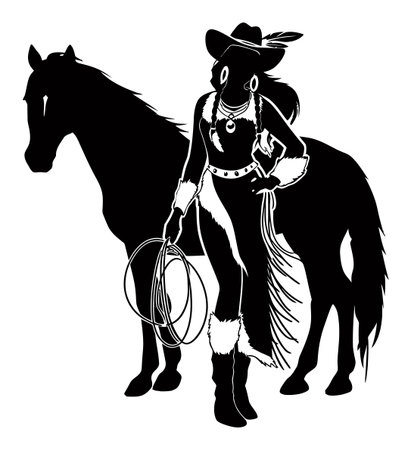 This vector illustration features a striking silhouette of a cowgirl standing confidently beside her horse, creating a dynamic portrayal of western culture.のイラスト素材