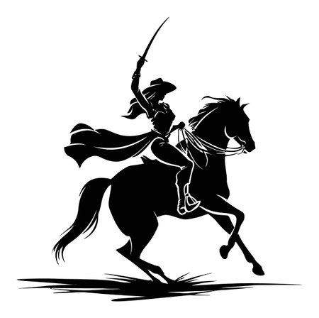A striking silhouette of a horse rider wielding a sword, capturing the essence of action and adventure. Perfect for designs that need a sense of bravery and motion.のイラスト素材