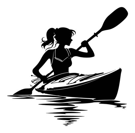 A striking silhouette of a woman kayaking, capturing the essence of adventure and freedom on the water. This image embodies a love for nature and outdoor sports.のイラスト素材