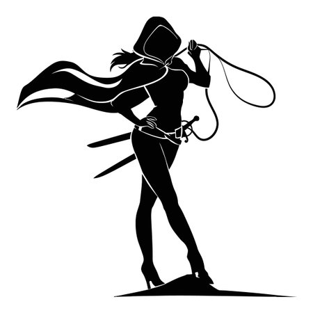 This striking vector artwork features a confident female silhouette wielding a sword. With a flowing cape, it conveys power and elegance, perfect for various creative projects.のイラスト素材