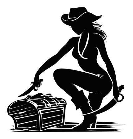 A striking silhouette depicts a daring woman crouching beside a treasure chest, capturing the thrill of adventure and exploration in a pirate-themed illustration.のイラスト素材