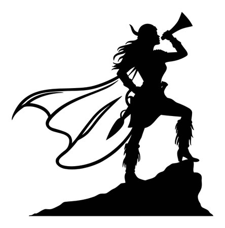 Bold silhouette of a heroic figure with a cape and horn atop a mountain, embodying strength and adventure. Perfect for fantasy and storytelling themes.のイラスト素材