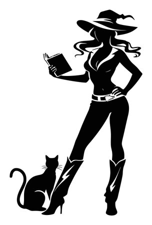 A captivating silhouette of a witch holding a book, accompanied by a cat. This design represents magic, mystery, and elegance, perfect for Halloween-themed projects.のイラスト素材
