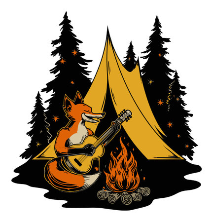A lively cartoon fox enjoys playing guitar by a cozy campfire near a tent in a serene forest setting. Perfect illustration for outdoor themes.のイラスト素材
