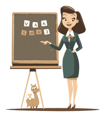 A cheerful cartoon teacher stands beside a chalkboard, pointing at letters while a cute animal character sits at her feet. Perfect for educational materials.のイラスト素材