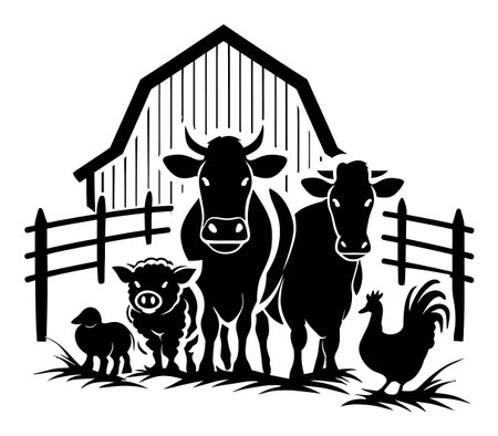 A striking silhouette illustration of farm animals, including cows, pigs, a chicken, and a duck, in front of a traditional barn with a fence and grass.のイラスト素材