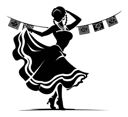This elegant silhouette of a dancing woman adorned with festive banners captures the essence of celebration, culture, and joy in a striking vector design.のイラスト素材