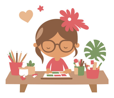 A charming cartoon illustration of a girl engaged in painting at her cozy workspace, surrounded by art supplies, plants, and colorful elements, evoking a sense of creativity and joy.のイラスト素材