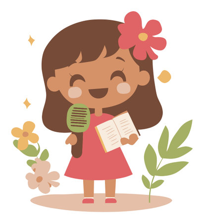 This delightful vector illustration depicts a cheerful girl holding a book and a microphone, surrounded by flowers. Perfect for childrens themes.のイラスト素材
