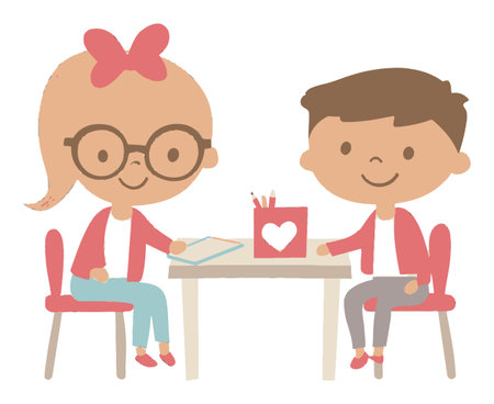 Adorable cartoon illustration of two children at a table, engaged in a fun art activity. Featuring bright colors and cheerful expressions, perfect for educational content.のイラスト素材