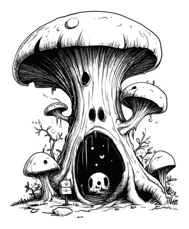 This black and white illustration depicts a whimsical mushroom house featuring a skull entrance. Perfect for fantasy art enthusiasts, it evokes an eerie yet charming environment.のイラスト素材