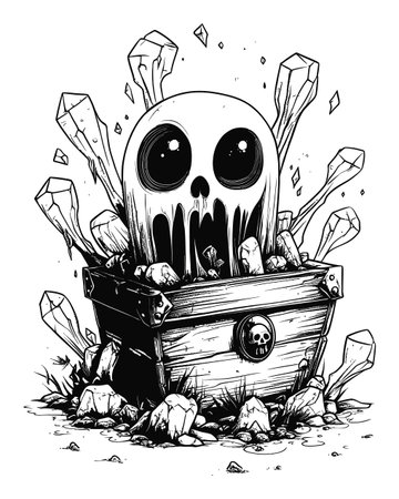 A striking black and white illustration featuring a spooky skull emerging from a treasure chest, surrounded by crystals and rocks. Perfect for horror-themed projects.のイラスト素材
