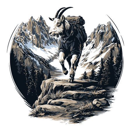 This cartoon vector illustration showcases a mountain goat in adventure gear, leaping triumphantly amidst a striking landscape of snow-capped peaks and lush trees.のイラスト素材