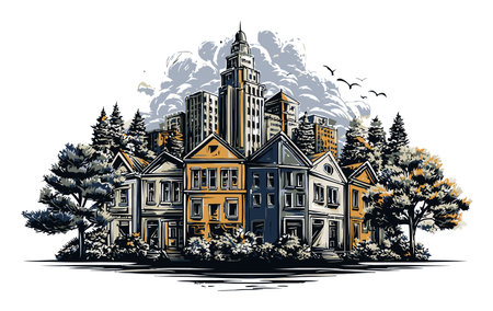 Artistic illustration featuring a combination of vintage houses and a modern city skyline, highlighted by trees and clouds. Ideal for urban landscape themes.のイラスト素材