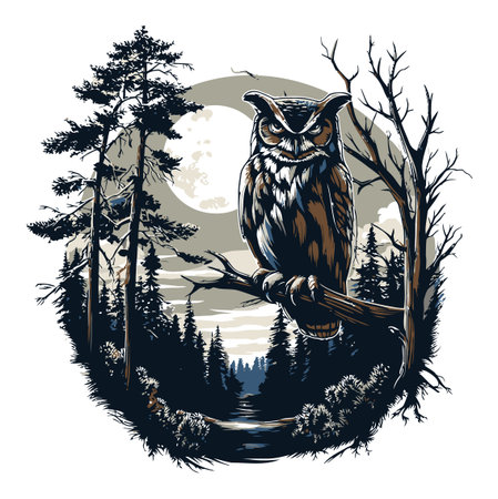 Majestic cartoon owl perched on a branch in a serene forest at night, surrounded by tall trees and a glowing moon, perfect for nature-themed projects.のイラスト素材