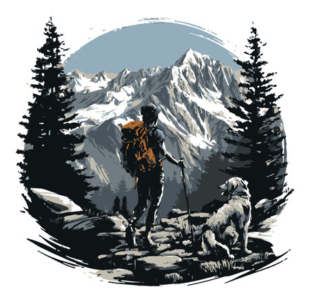Capture the spirit of adventure with this artistic illustration of a hiker and dog exploring a stunning mountain landscape. Perfect for nature-themed projects.のイラスト素材