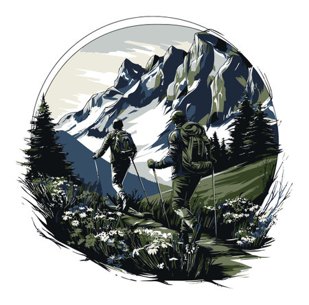 Explore the thrill of adventure in this vector art featuring hikers trekking through a breathtaking mountain landscape. Perfect for nature lovers!のイラスト素材
