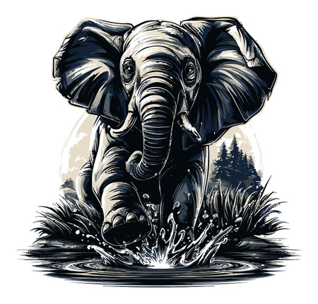 This vibrant vector illustration features a playful cartoon elephant splashing in water, surrounded by lush greenery. Perfect for wildlife themes!のイラスト素材