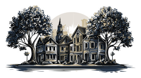 This detailed vintage-style illustration features houses framed by large trees, offering a unique urban landscape in monochrome tones. Perfect for design projects.のイラスト素材
