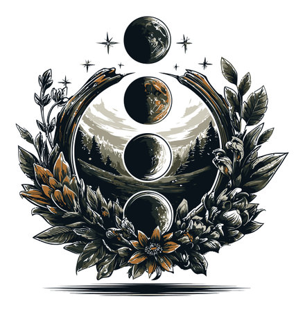 This artistic illustration blends celestial bodies and natural elements, featuring moons, flowers, and landscapes in a detailed, elegant design perfect for decor.のイラスト素材