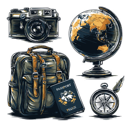This vibrant illustration features classic travel elements, including a vintage camera, globe, passport, and compass, perfect for travel-themed projects.のイラスト素材