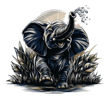 A vibrant cartoon illustration featuring a cheerful elephant splashing water in a lush jungle. Perfect for children's designs and nature-themed projects.のイラスト素材