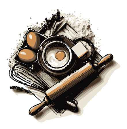 This vector illustration features essential baking ingredients including eggs, flour, butter, and a rolling pin, perfect for culinary projects and recipes.のイラスト素材