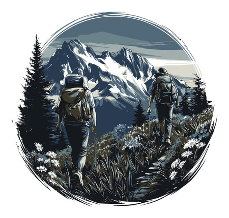 A detailed cartoon vector illustration showcasing two hikers ascending a scenic mountain trail surrounded by nature, flowers, and towering peaks. Perfect for adventure themes.のイラスト素材