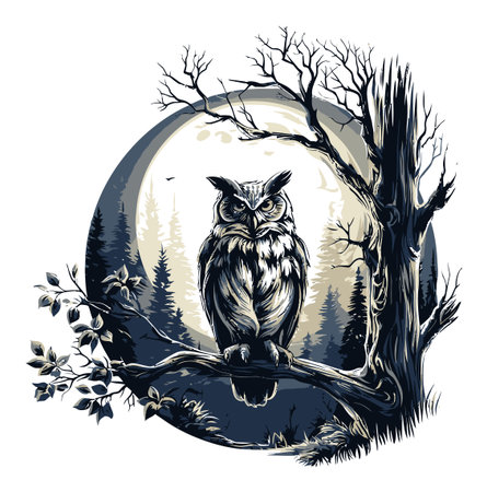 Explore this captivating cartoon vector of an owl perched on a branch under a full moon, surrounded by a tranquil forest scene, evoking mystery and nature's beauty.のイラスト素材