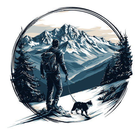 This cartoon-style illustration captures a man walking his dog in a breathtaking mountain landscape. Emphasizing adventure and nature, it conveys joy and companionship.のイラスト素材