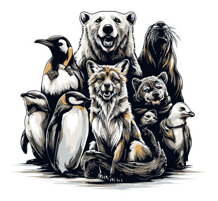 A vibrant vector illustration showcasing a delightful group of cartoon animals, including a bear, penguin, wolf, and more, exuding charm and joy.のイラスト素材