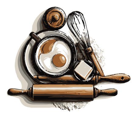 Colorful cartoon illustration showcasing essential baking tools and ingredients, including eggs, flour, and kitchen utensils, perfect for culinary designs.のイラスト素材