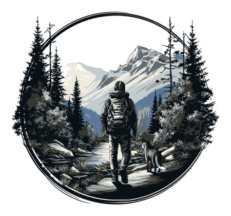 A captivating vector illustration features a hiker and dog exploring a stunning mountain landscape, evoking the spirit of adventure and nature's beauty.のイラスト素材