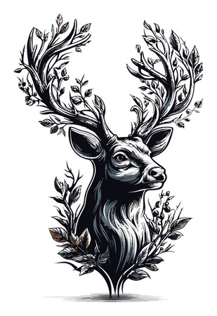 Explore this stunning vector art piece featuring a cartoon deer with intricate floral antlers. A unique blend of nature and artistry for any design project.のイラスト素材