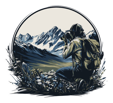 A detailed vector illustration depicting a photographer in a mountain landscape, capturing the serene beauty of nature. Ideal for outdoor enthusiasts and travel lovers.のイラスト素材