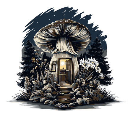 A whimsical cartoon illustration of a magical mushroom house nestled in a forest, adorned with flowers and a welcoming entrance, creating an enchanting outdoor scene.のイラスト素材