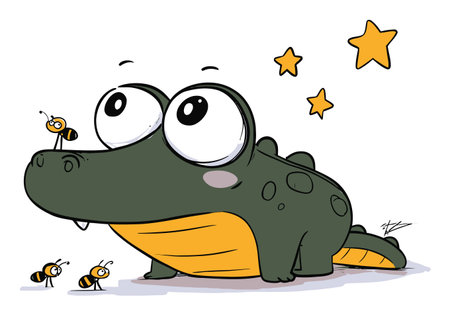 This delightful flat vector illustration features a cute alligator surrounded by buzzing bees and whimsical stars, perfect for childrens art or playful designs.のイラスト素材