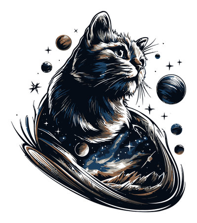 Captivating vector illustration of a cat gazing into the expanse of space, surrounded by planets and stars, ideal for cosmic and animal-themed designs.のイラスト素材