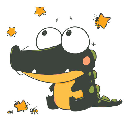 Adorable cartoon alligator surrounded by playful stars and insects in a vibrant vector art style. Perfect for children's themes, playful designs, and joyful illustrations.のイラスト素材