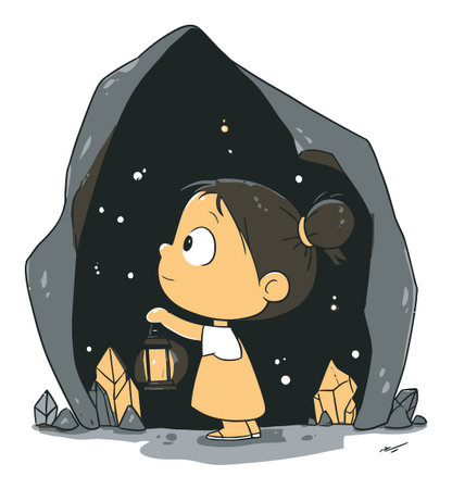 A charming illustration of a young girl holding a lantern, exploring a mystical cave filled with sparkling crystals. This delightful scene evokes curiosity and adventure in a whimsical style.のイラスト素材